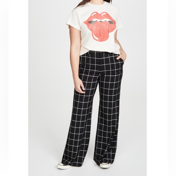 Alice + Olivia Dylan High Waist Wide Leg Windowpane Print Pants In Black Size 6 - Picture 2 of 9
